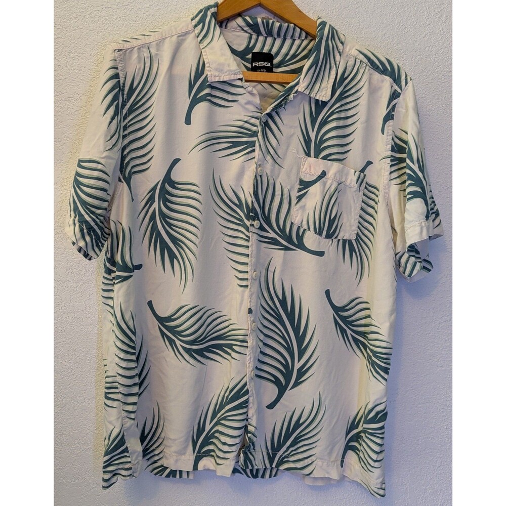 RSQ Button Down Mens Shirt Size 2XL Hawaiian Tropical Palm Tree Leaf Stai(287m)
